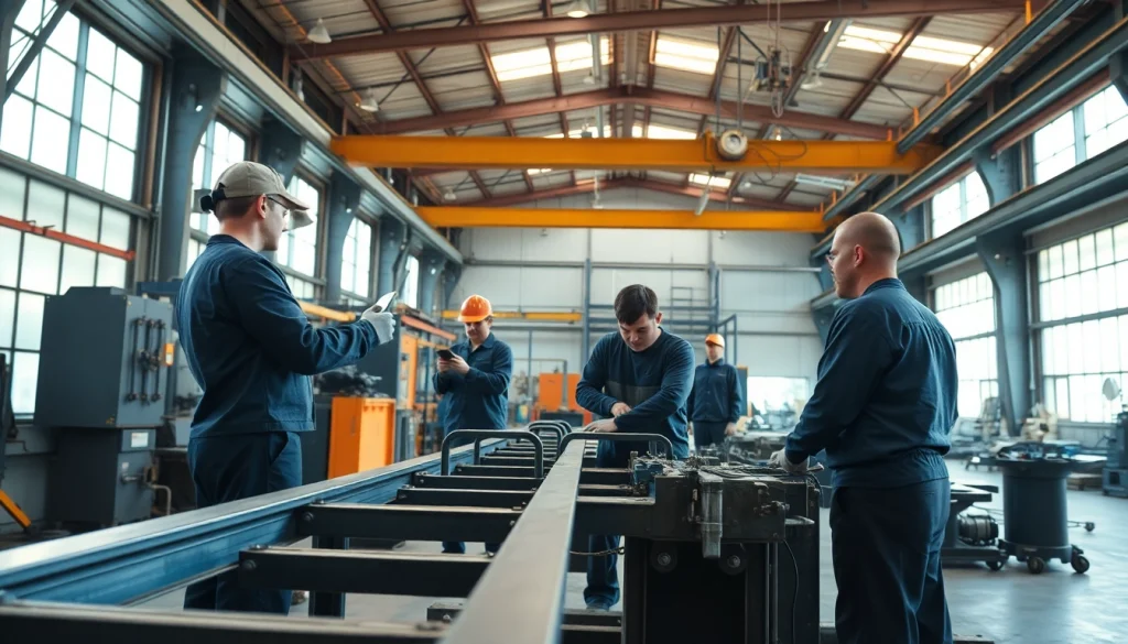 Workers collaborating in a steel fabrication shop, showcasing craftsmanship and teamwork.