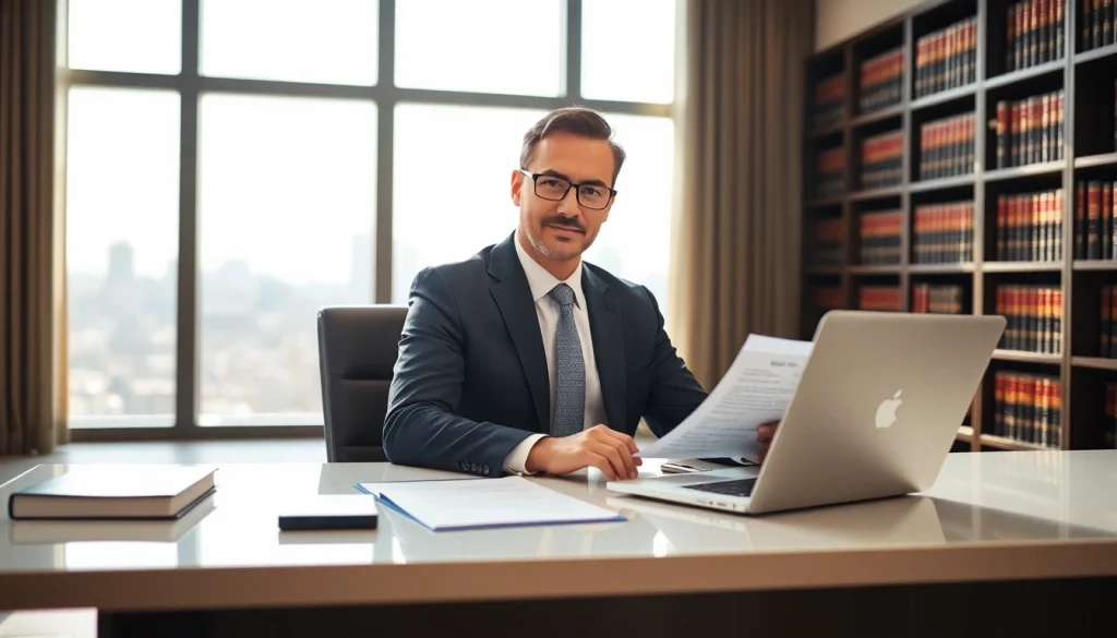 Eminent domain lawyer consulting clients in a bright law office environment.