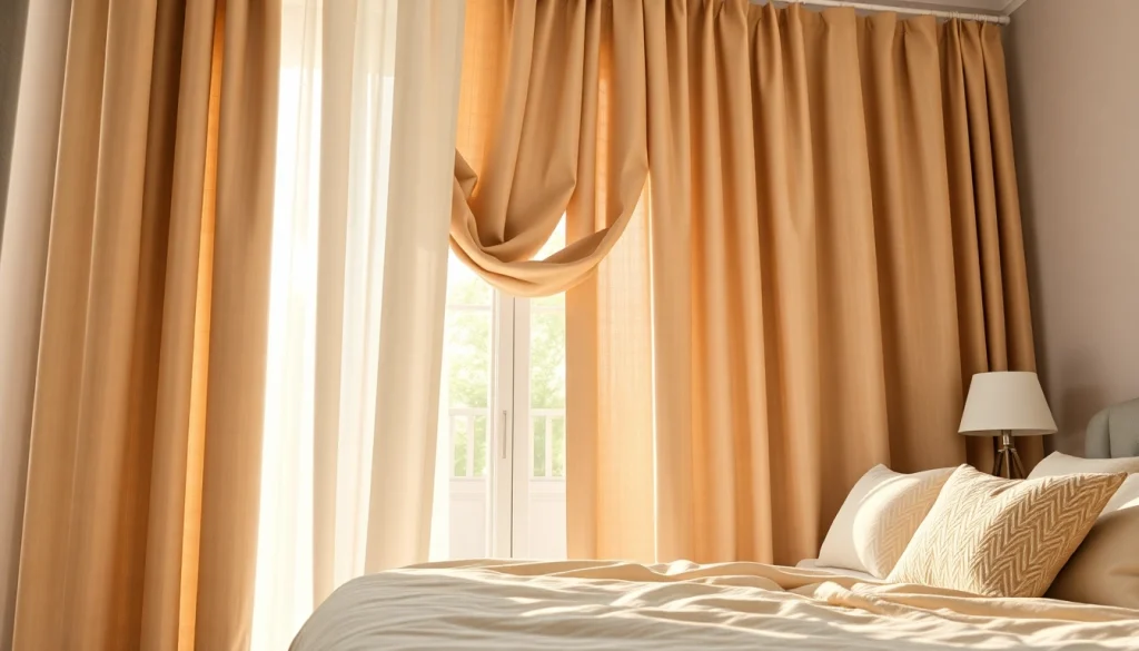 Verduisterende gordijnen hangen elegant voor een sfeervolle slaapkamer met een serene uitstraling.