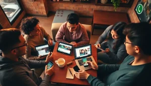 在咖啡馆使用 WhatsApp Web 的多位朋友，展示消息发送与视频通话。