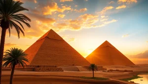 View of iconic piraminds against a dramatic sunset highlighting their ancient structure.