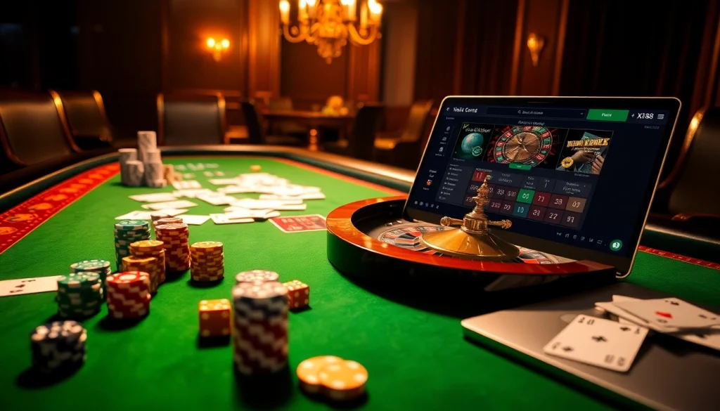 Play exciting games at https://xx88.today/ with vibrant casino elements, chips, and dice in a luxurious setting.