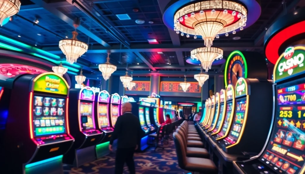 Gamblers enjoying the excitement of slot deposit 1k games in a colorful casino atmosphere.