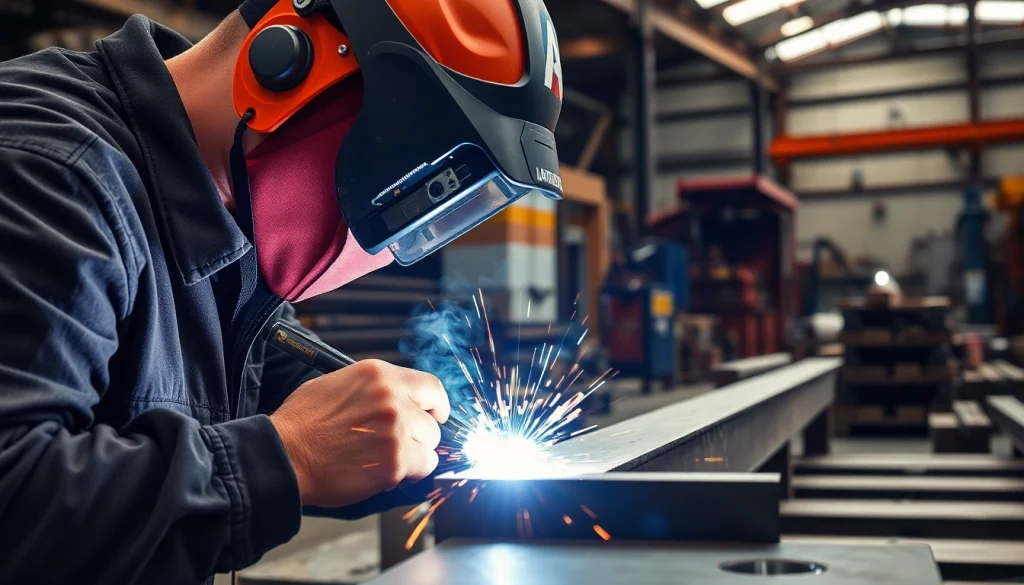 Welder performing structural steel welding with precision in an industrial workshop.