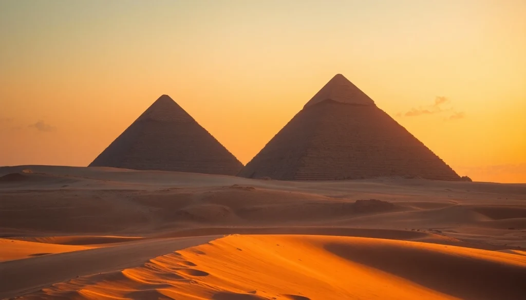 Visitors admiring ancient piraminds against a sunset backdrop highlighting historical architecture.