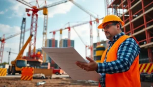 New Jersey Construction Manager reviewing blueprints at a bustling construction site with safety gear.