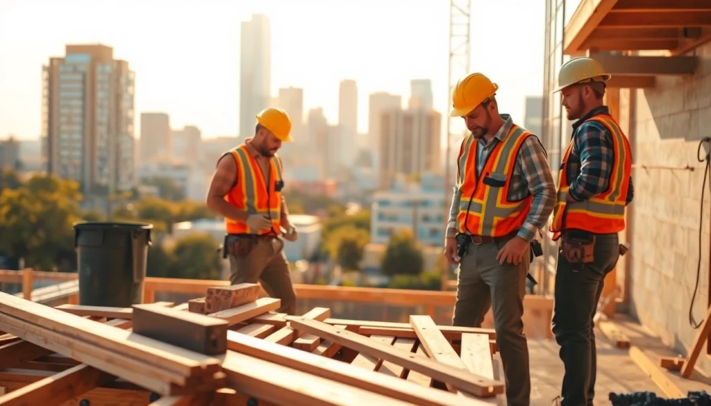 Austin construction team collaborating on a residential building, showcasing city skyline.