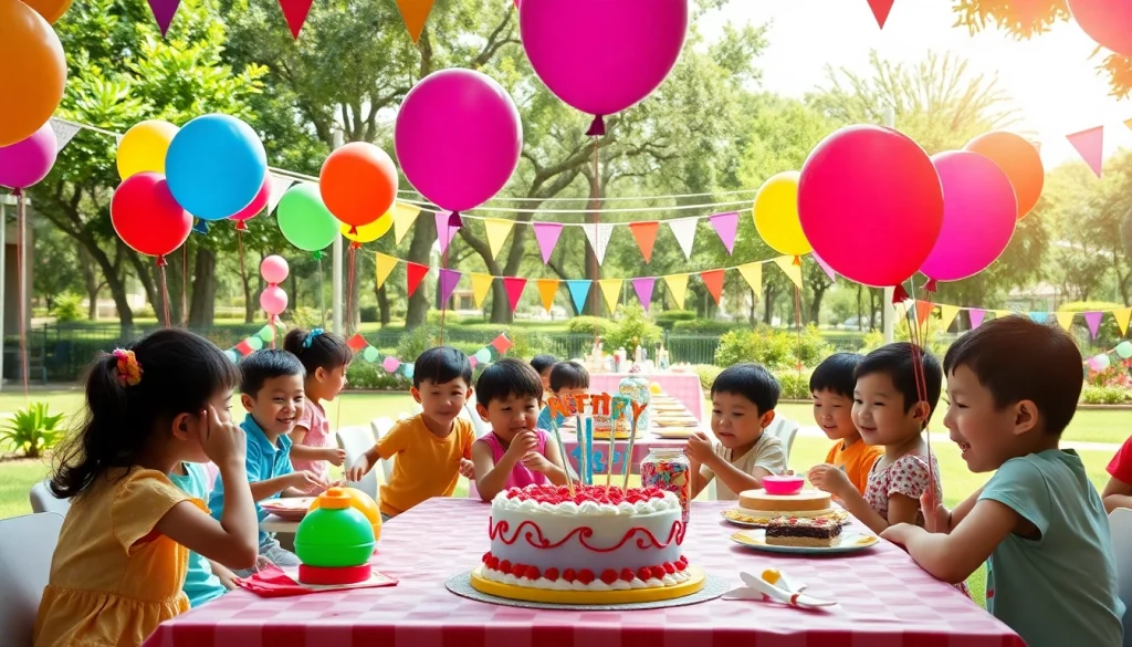 Celebrate a joyful Singapore birthday party with children, colorful decorations, and festive environment.