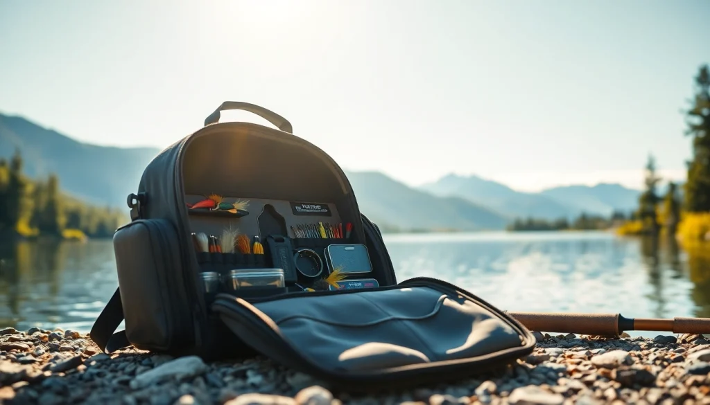 Fly fishing bag displayed by a peaceful lake, showcasing its organized compartments and fishing gear.