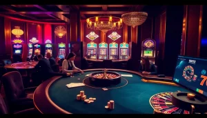Players strategizing at a poker table and interacting with online platforms at https://fabet3.com/ in a luxurious casino setting.