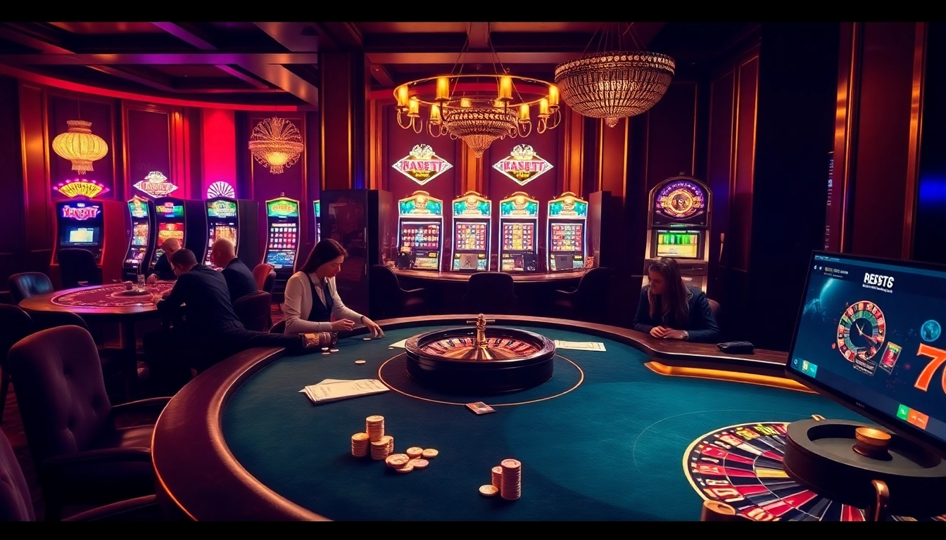 Players strategizing at a poker table and interacting with online platforms at https://fabet3.com/ in a luxurious casino setting.