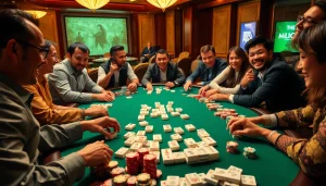 Players enjoy an engaging game of link mahjong at a lively casino, illustrating the excitement of the gambling experience.