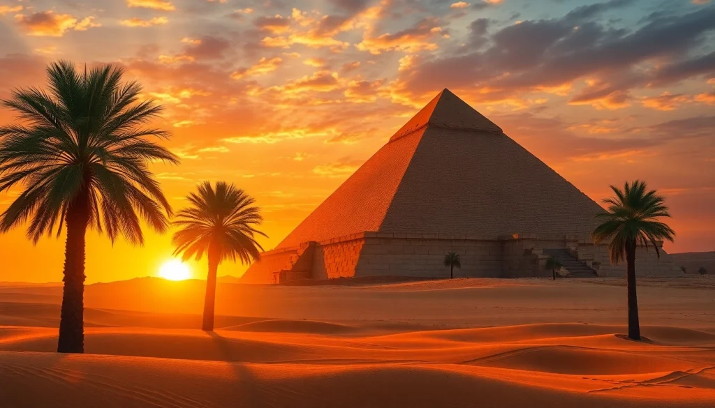 Captivating view of ancient piraminds at sunset, highlighting their grandeur and historical significance.