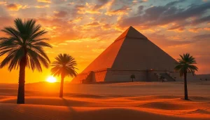 Captivating view of ancient piraminds at sunset, highlighting their grandeur and historical significance.