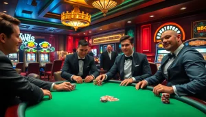 Players enjoy an exciting game of poker at RR88, surrounded by dazzling slot machines and a roulette wheel.