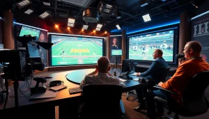 Hosts engaged in sports broadcasting, showcasing high-tech equipment and dynamic atmosphere.