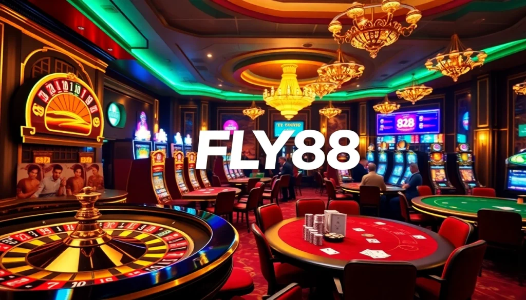 Experience the thrill of FLY88 at a vibrant casino scene with roulette and poker.