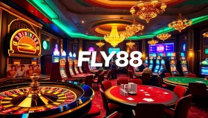 Experience the thrill of FLY88 at a vibrant casino scene with roulette and poker.