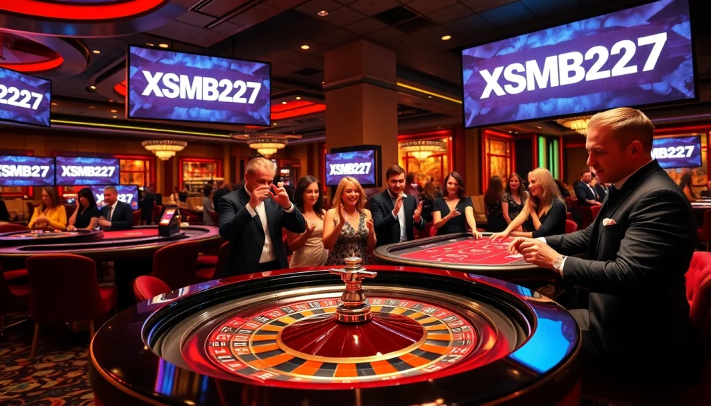 Gamblers engaging at a luxurious casino table showcasing XSMB247 for strategic play.