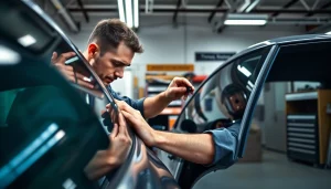 Enhance your car with the best window tint Chattanooga TN, featuring a technician expertly applying high-quality film.