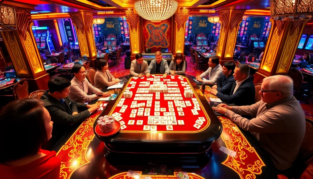 Players enjoy link mahjong in a vibrant casino setting filled with excitement.