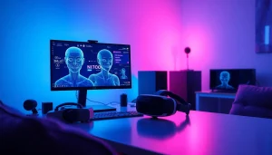 An engaging workspace featuring NSFW character AI interactions, complete with modern tech and vibrant lighting.