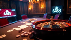 Exciting gambling scene with say88 branding, poker chips, and a roulette wheel in a luxurious casino setting.
