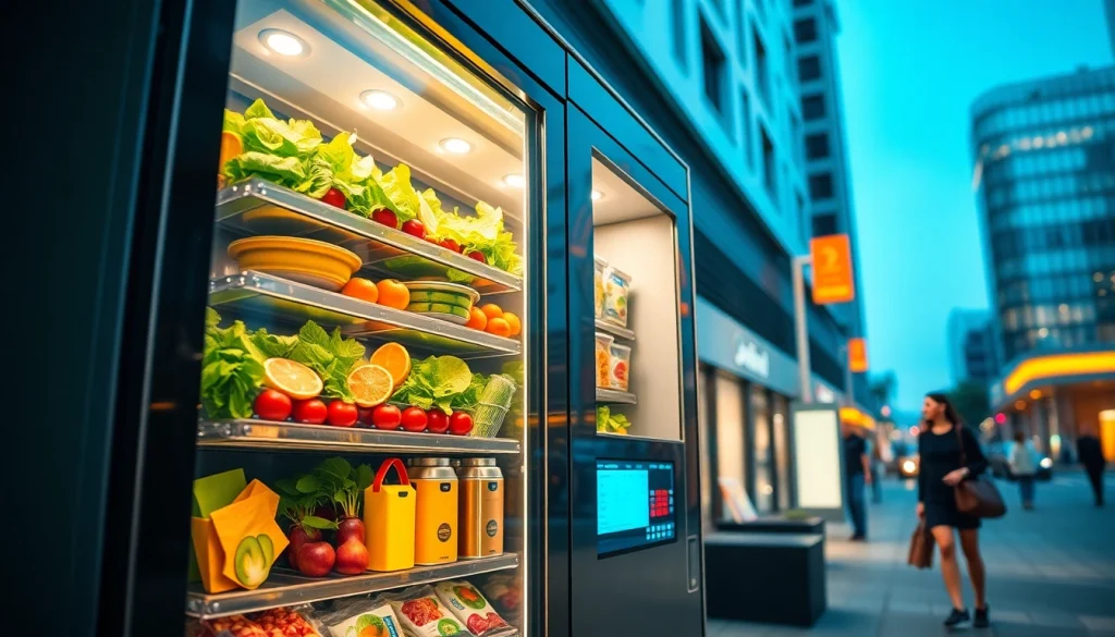 Healthy food vending machine displaying fresh salads and fruits in an urban setting