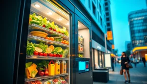 Healthy food vending machine displaying fresh salads and fruits in an urban setting