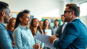 Engaging scene on how to hire top sales talent with diverse candidates and a confident hiring manager.