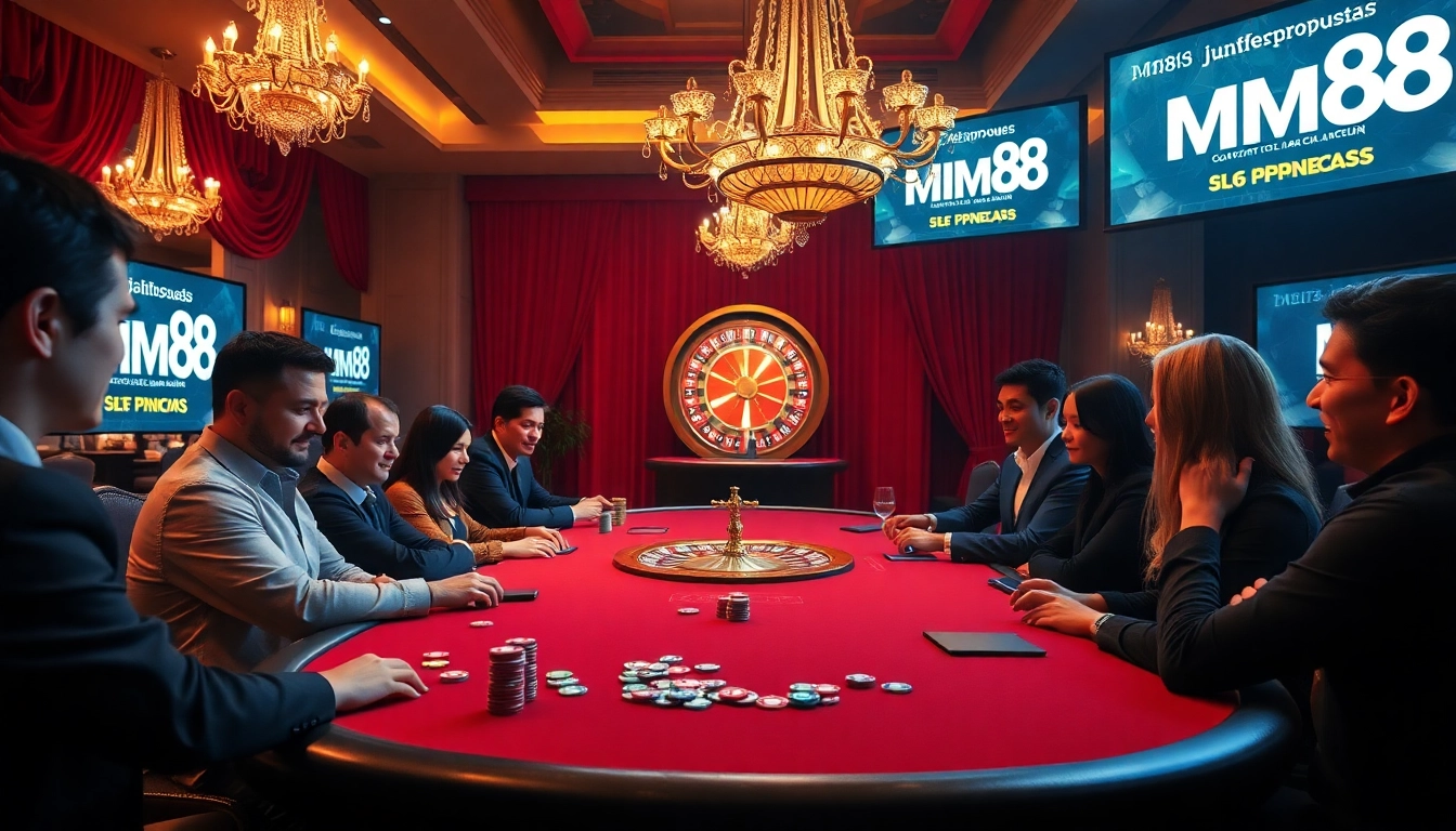 MM88 players engaged in high-stakes poker at a luxury casino table with colorful chips.