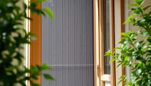 Moskitiery na drzwi balkonowe montowane w eleganckich drzwiach na tle zieleni.