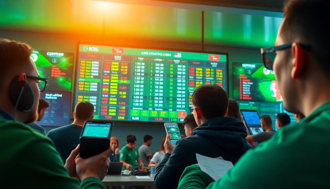 Engaged fans reviewing tỷ lệ kèo in a lively sports betting environment.