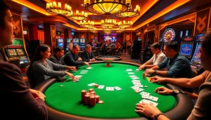 Engaged players at SHBET poker table create excitement with vibrant chips and cards.