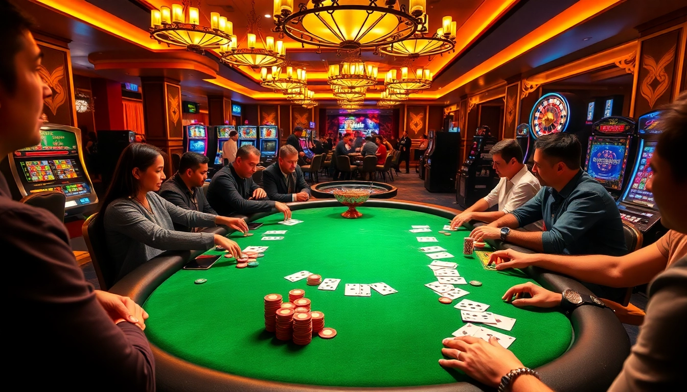 Engaged players at SHBET poker table create excitement with vibrant chips and cards.