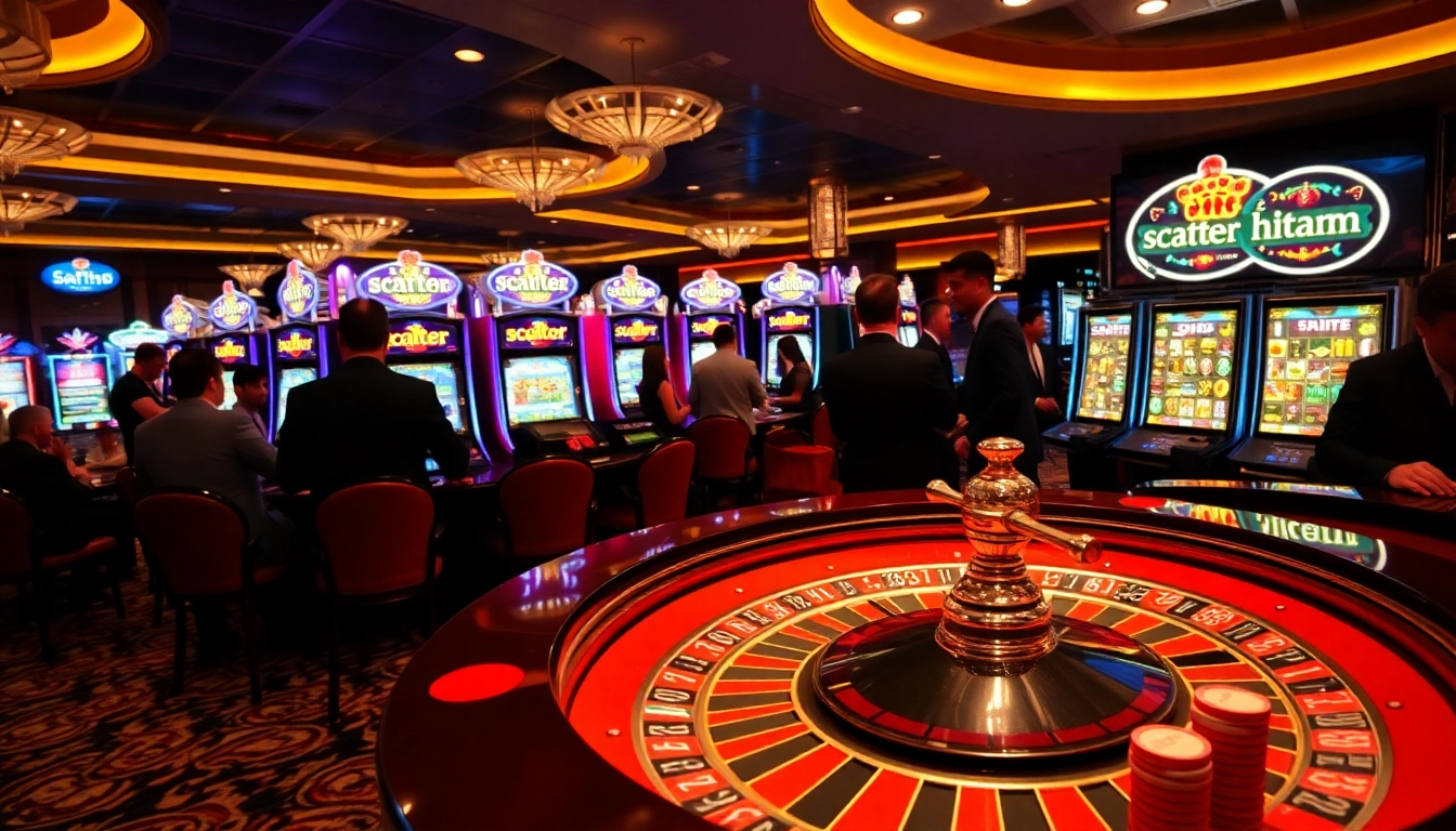 Experience the thrill of scatter hitam symbols at a vibrant casino roulette table.