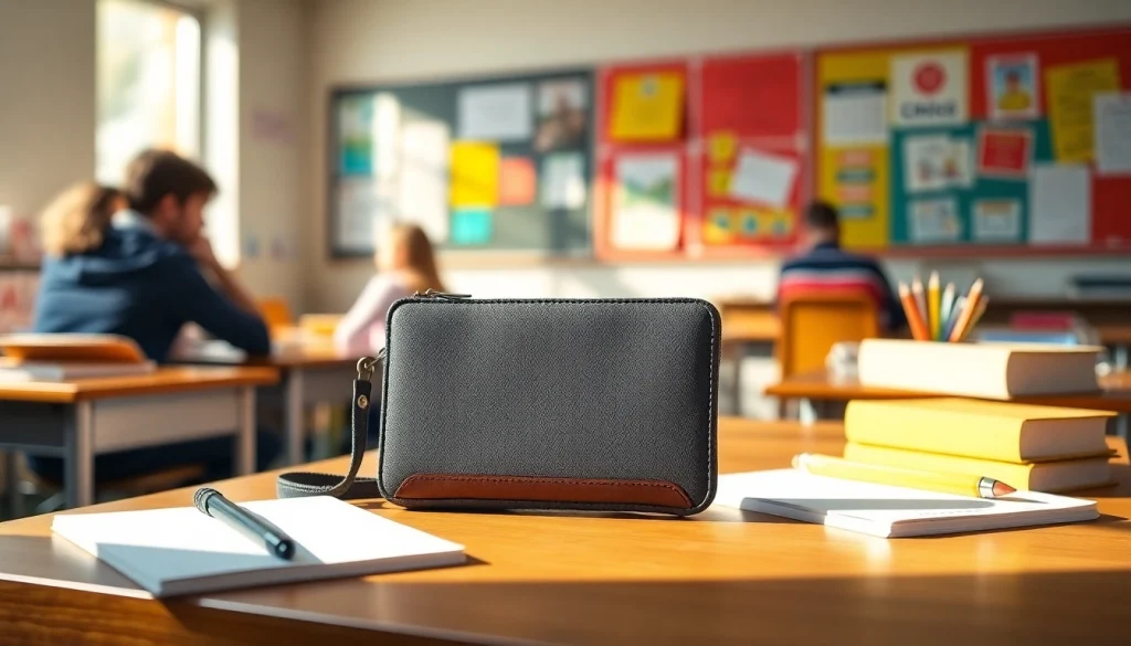 Praktische Handytasche Schule auf einem Schreibtisch mit Schulmaterialien.