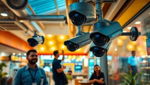 Cámaras Dahua supervisando un espacio comercial, mostrando una instalación segura y tecnología avanzada.