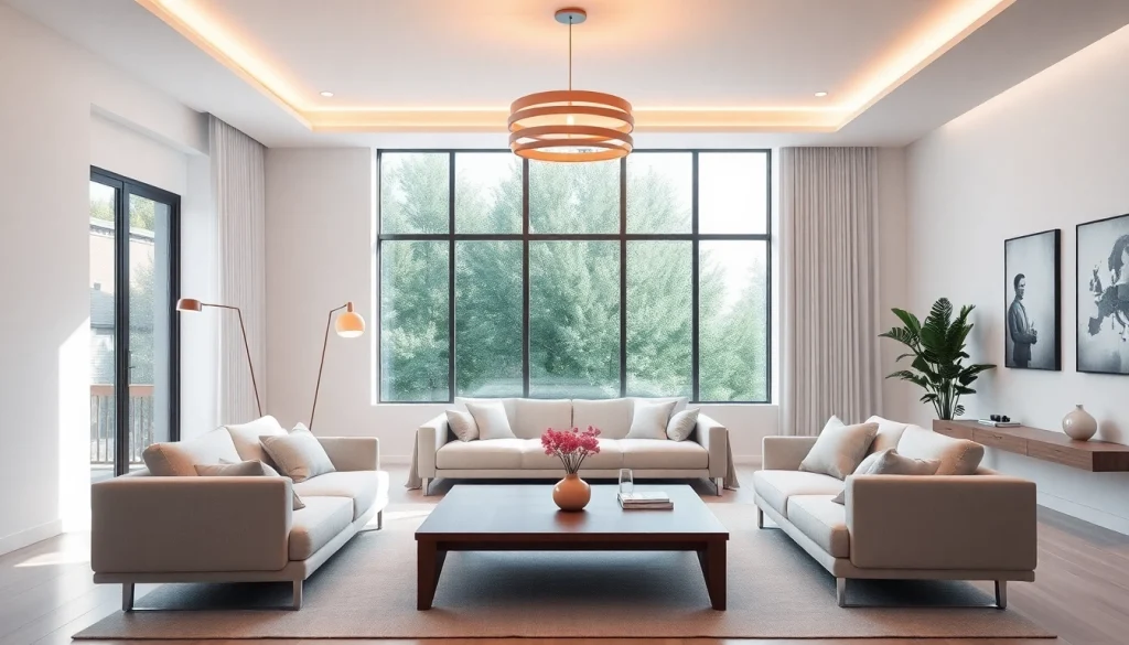 Shop ModernLighting with sleek fixtures illuminating a modern living room ambiance.