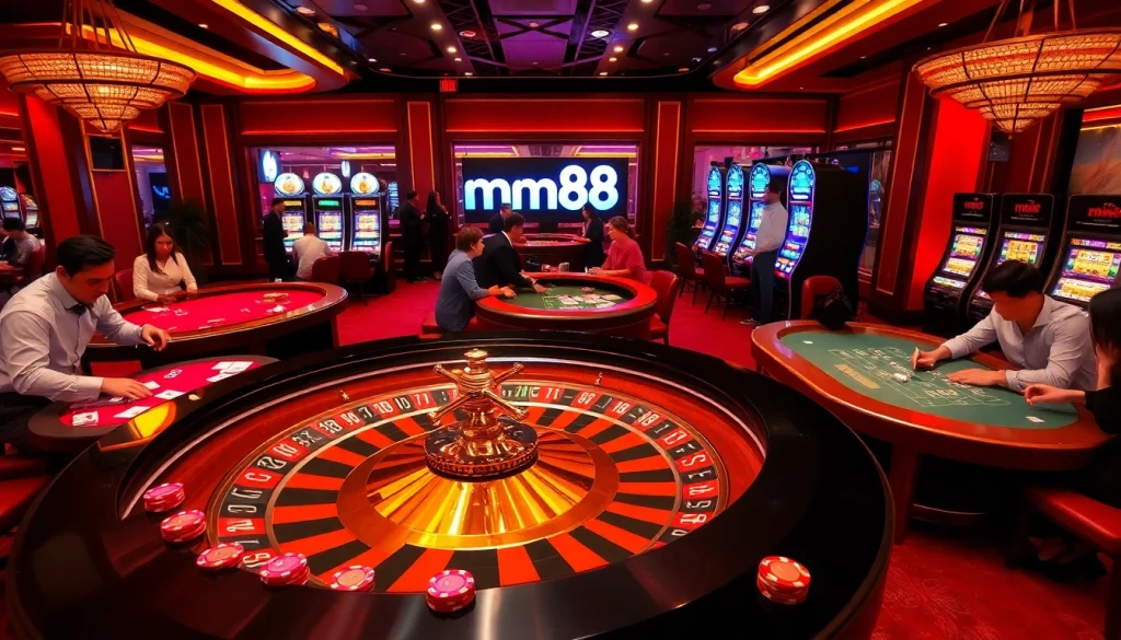Exciting moment at mm88 casino with players engaged in thrilling games like roulette and poker.