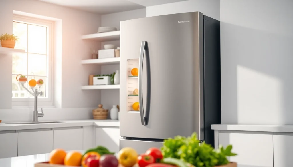 Showcasing refrigerator sales with a modern kitchen featuring a sleek refrigerator filled with fresh produce.