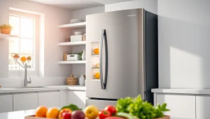 Showcasing refrigerator sales with a modern kitchen featuring a sleek refrigerator filled with fresh produce.