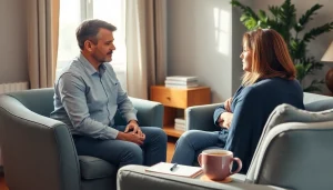 Anxiety symptoms discussed in a calming therapy session with a caring therapist.