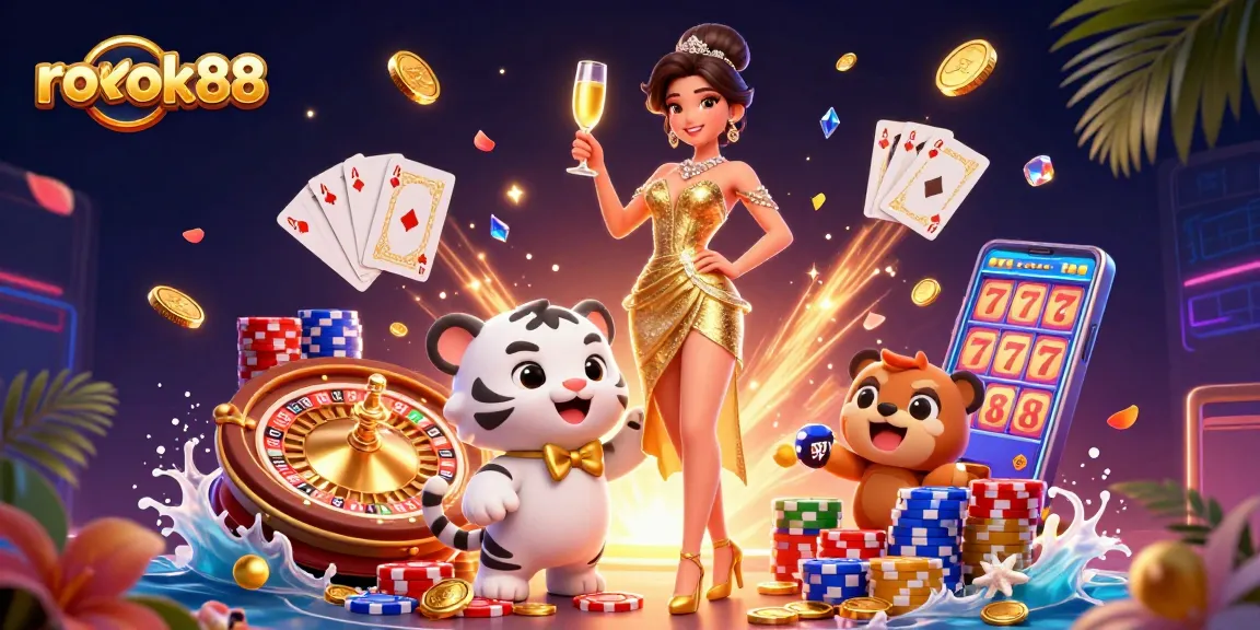 Engage with the thrilling world of rokok88 at a vibrant casino setting featuring glamorous characters and iconic game elements.