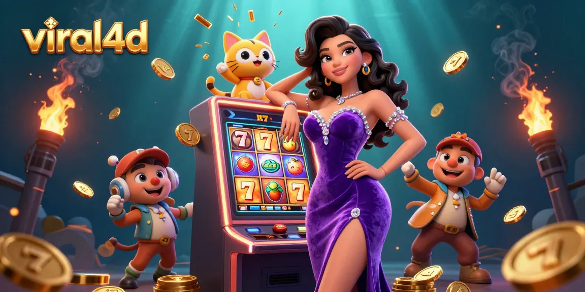 Win big with viral4d in this vibrant 3D illustration showcasing jackpot excitement and gaming elements.