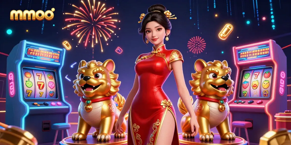 Win big at mmoo with an immersive casino scene featuring a glamorous Asian woman and golden foo dogs.