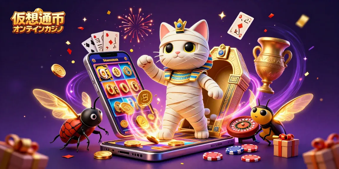 仮想通貨オンラインカジノで楽しむ3Dカジノシーン、ミイラ猫とビートルがスロットゲームを盛り上げています。