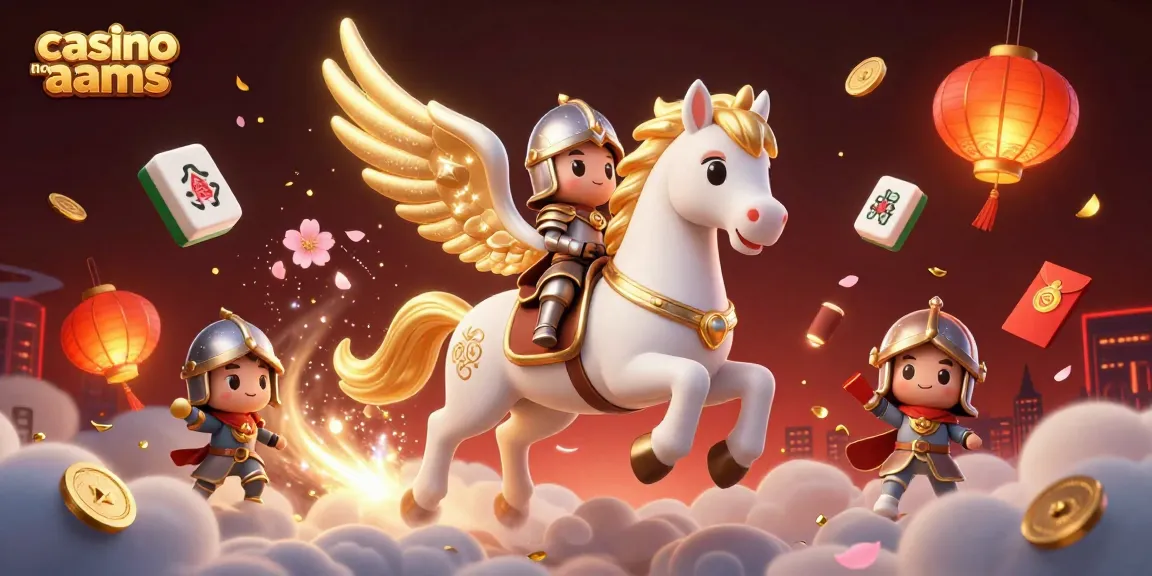 Illustrazione cinematografica di un cavallo celestiale e un cavaliere armato in un ambiente di casinò vibrante, evidenziando i casinò non AAMS.
