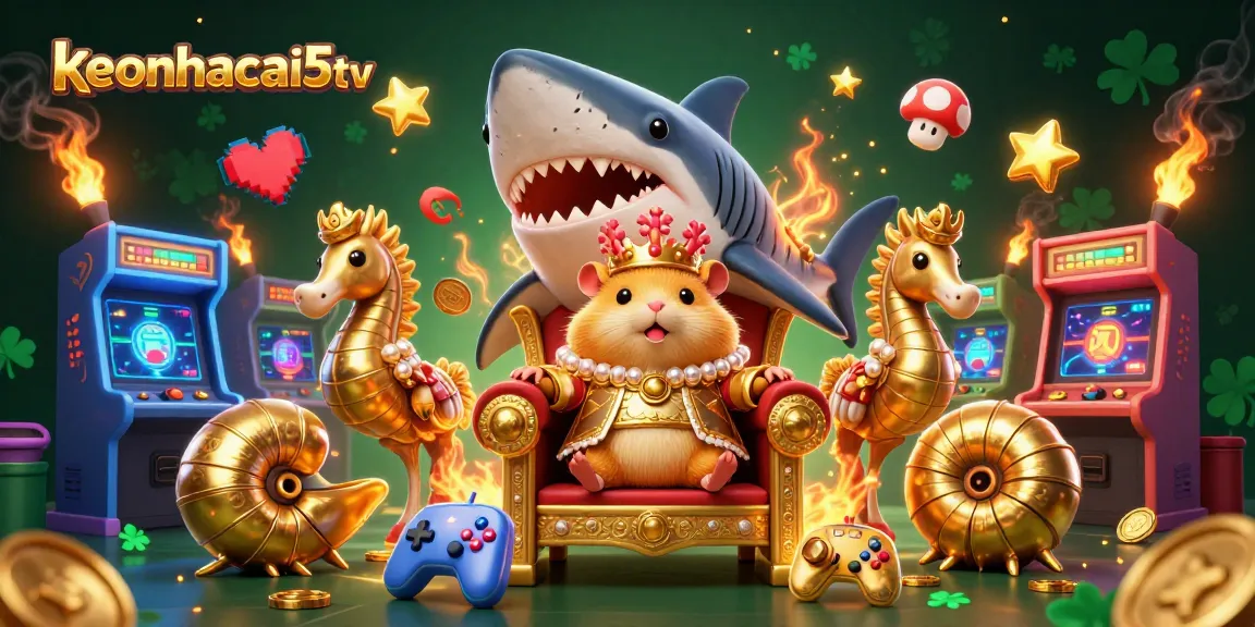 Bet big with keonhacai5tv in this vibrant casino scene featuring a hamster king and arcade elements.