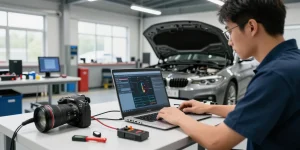 Chiptuning Hannover - BMW-Mechaniker optimiert Motorsteuergerät in modernem Werkstattumfeld